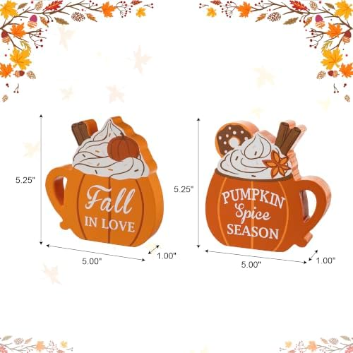 Glitzhome Fall Table Decoration for Home Set of 2 5.25"H Fall Wood Pumpkin Coffee Mug Sign Decor Thanksgiving Table Centerpiece for Autumn Harvest Party Home Kitchen Farmhouse - Image 2