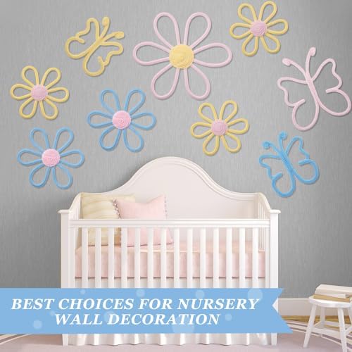 Wesiti 9 Pcs Boho Nursery Decor 3 Size Daisy Flower and Butterflies Woven Macrame Wall Hanging for Home Nursery Bedroom Dorm Wall Art(Classic Color) - Image 6
