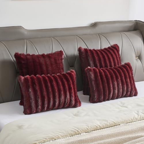 FUTEI Pack of 2 Faux Mink Fur Throw Pillow Covers 18x18 Inch, Burgundy - Image 6