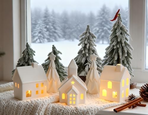 Christmas Village Set, 5-Piece Ceramic Houses and Pine Trees, Xmas Decor - Image 4