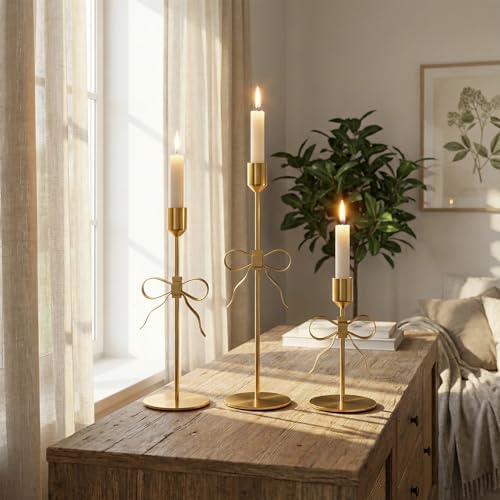 Bow Candle Holder - Set of 3 Metal Gold Bow Candlestick Holder, Modern Decorative Taper Candle Holder for Centerpiece Dining Table Wedding Holiday Housewarming Gift, Gold Finish (Style1-Gold) - Image 7