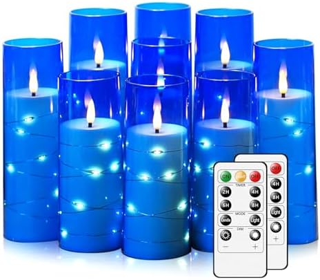 Nimiko Flickering Flameless LED Candles,Battery Operated Candles 9 Pcs with Embedded Star String,Acrylic LED Pillar Candles with Remote,Suitable for Home Decoration to Create an Atmosphere (Blue) by Nimiko