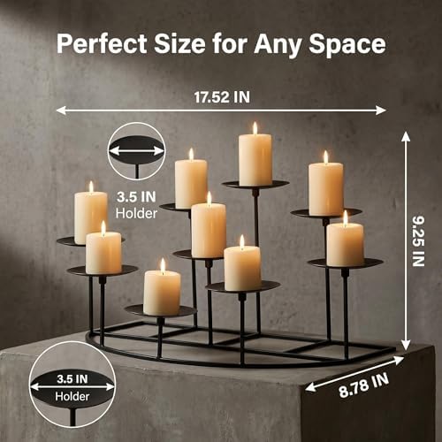 9-Tier Fireplace Candelabra Candle Holder, Modern Geometric Matte Black Metal Candle Stand with Stable Curved Base, 9 Pillar Candle Holder Centerpiece for Mantel, Table, Christmas, Wedding Decor - Image 2