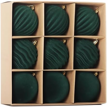 4In Large Green Velvet Christmas Ornaments Set,9Pcs Flocked Ornaments Balls by Senjie
