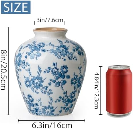Blue and White Vase, 8 Inch Vintage Chinoiserie Ceramic Vase, Rustic Flower Vases Decorative Antique Vases for Home Decor, Retro Ice Cracked Porcelain Farmhouse Table Centerpieces Decor - Image 2
