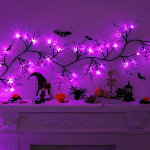 9 FT 72 LED Halloween Willow Vine Twig Decor Garland With Bats Purple Lights - Timer & 8 Modes - Battery Operated Lights for Indoor Decorations, Home, Mantle, Fireplace by Grastfu