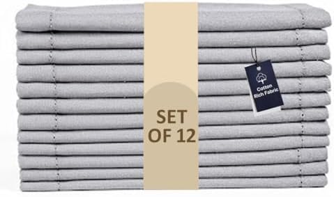 LFH Home Hemstitched Cloth Dinner Napkins 18x18 Inch Set of 12 - Reusable 100% Cotton Machine Washable Cocktail Napkins with Metered Corners for Daily, Party, Wedding, Bar Use - Ash Grey by LFHHomePrivateLimited