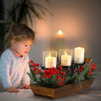 3 Pillar Christmas Table Centerpiece Christmas Candle Holder Artificial Red Berries Pine Cones with Steal Base Frosted Berry Arrangement for Home Decor - Image 5