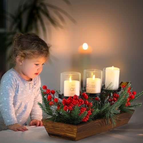 3 Pillar Christmas Table Centerpiece Christmas Candle Holder Artificial Red Berries Pine Cones with Steal Base Frosted Berry Arrangement for Home Decor - Image 5