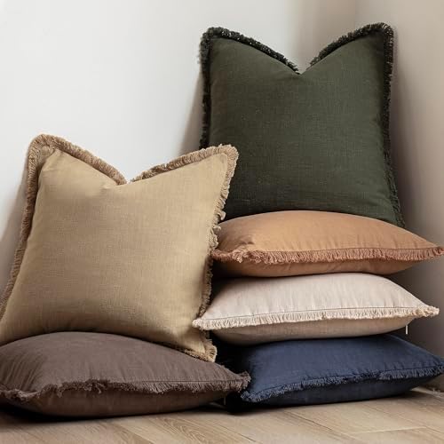 Foindtower Decorative Linen Fringe Throw Pillow Covers 22×22 Light Khaki - Image 6
