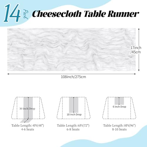14 Pack White Cheesecloth Table Runner 17x108 Inch Semi Sheer Boho Gauze Cheese Cloth Fabric Table Runners, for Wedding Party Baby Shower Birthday Home Decor Garden Farmhouse - Image 2