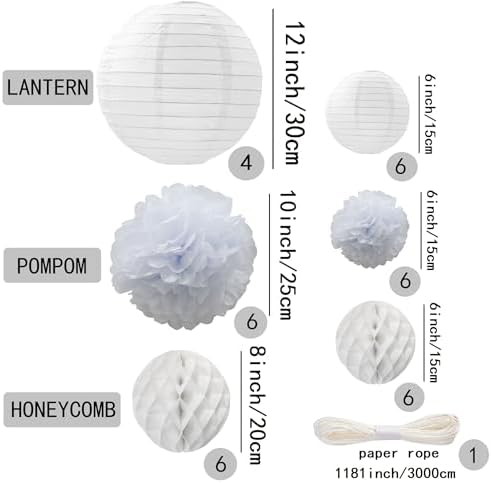 WOLHOWLTD White Paper Decoration Set - 34 Pcs Paper Lanterns, Pompoms, Honeycomb for Wedding,Halloween,School Day,Bridal Baby Shower,Birthday Party Classroom,Home Decoration(White) - Image 2