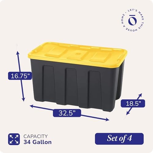 HOMZ 4-Pack Durabilt Tote, Heavy Duty Plastic Storage Bins with Lids, 34 Gallon, Black/Yellow - Stackable Organizing Containers for Home, Garage, and Office - Image 4