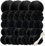 WOLHOWLTD Black Paper Decoration Set - 34 Pcs Paper Lanterns, Pompoms, Honeycomb for Wedding,Harvest, Halloween,School Day,Bridal Shower, Scary Birthday Party Classroom,Home Decoration (Black) by Unknown