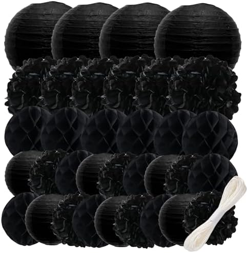 WOLHOWLTD Black Paper Decoration Set - 34 Pcs Paper Lanterns, Pompoms, Honeycomb for Wedding,Harvest, Halloween,School Day,Bridal Shower, Scary Birthday Party Classroom,Home Decoration (Black) by Unknown