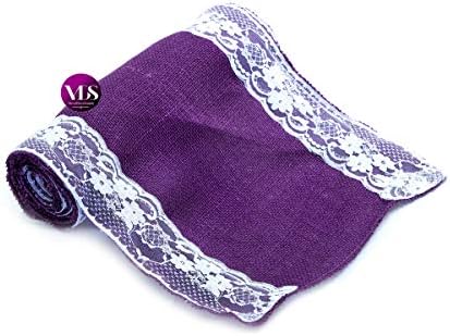 VDS Pack of 20, Burlap Table Runner with White Lace Edge, 100% Natural Jute Rustic Hessian Table Cloth Centerpiece for Wedding Birthday Party Banquet Table Decoration (Size 12X108 Inch)(Purple) - Image 3