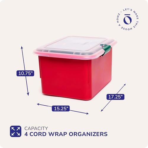 HOMZ Holiday Christmas Light Storage Bin, Plastic Container Boxes w/Cord Organizers, Red/Green - Large Stackable Organizing Containers for Seasonal Ornament and Decorations - Image 3