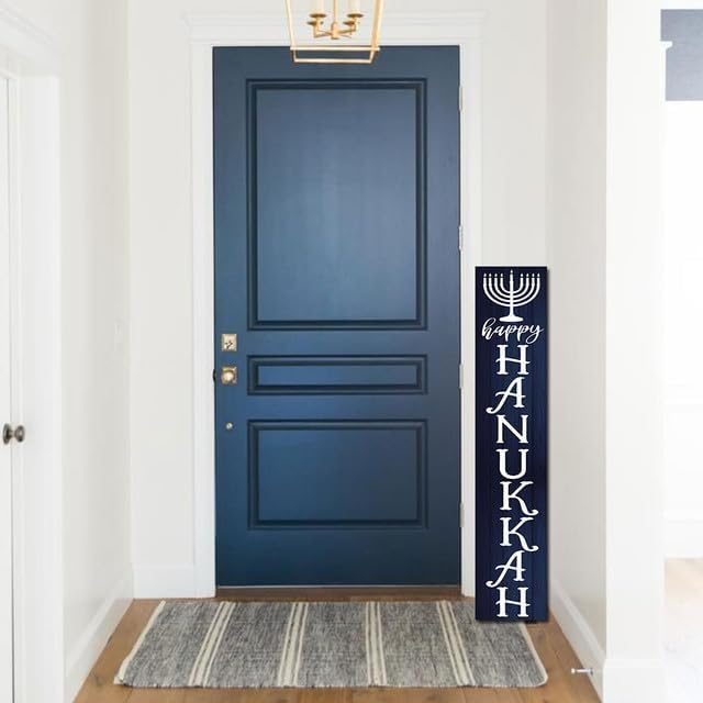 FemiaD Hanukkah Wooden Sign Happy Hanukkah Porch Sign Hanukkah Chanukah Hanging Door Sign Welcome Sign Indoor Outdoor Jewish Judaism Synagogue Chanukah Party Decor 8x63inch - Image 2
