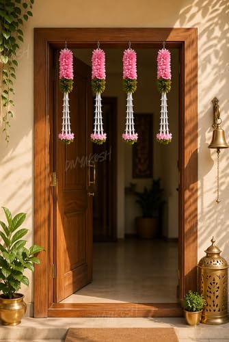 Divyakosh Hanging Gajra Set of 4 | Small 15 Inch Pink-Green Fabric Floral Wall Hangings | Temple & Pooja Room Decoration Items | Backdrop Decor for Festivals & Diwali - Image 4