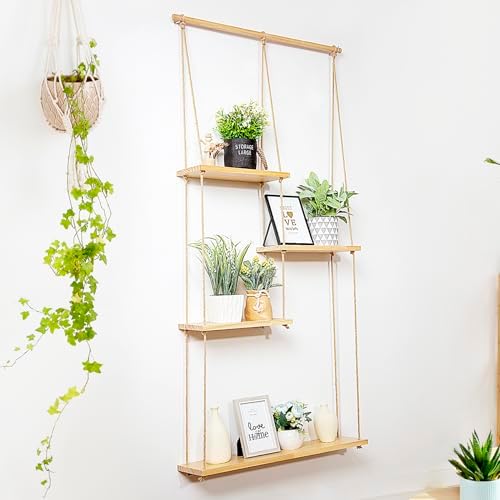 jontell Plant Wall Shelf Macrame Wall Hanging Shelf- Macrame Shelves Handmade Decorative Boho Floating Wall Shelves- Rope Shelf to Organize and Decor for Living Room, Bedroom, Bathroom by MAKEONEWO