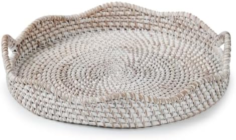 YANGQIHOME Round Scalloped Rattan Tray, Handwoven Decorative Tray by YANGQIHOME