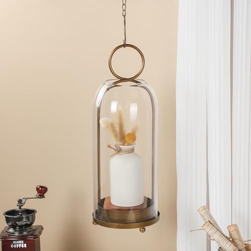 16" High Versatile Modern Metal Hurricane Lantern with Handmade Sturdy Glass Dome in Antique Brass for Pillar Candle & Plants, Industrial, Farmhouse, Shabby Chic (Brass, 6.3"x16.5") - Image 6