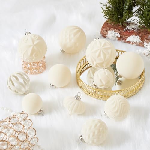 30pcs Velvet Christmas Ball Ornaments, Flocked Shatterproof Christmas Ornaments Hanging Xmas Tree Decorations Set for Home Party Holiday Decor (Multi-Size, Cream) - Image 5