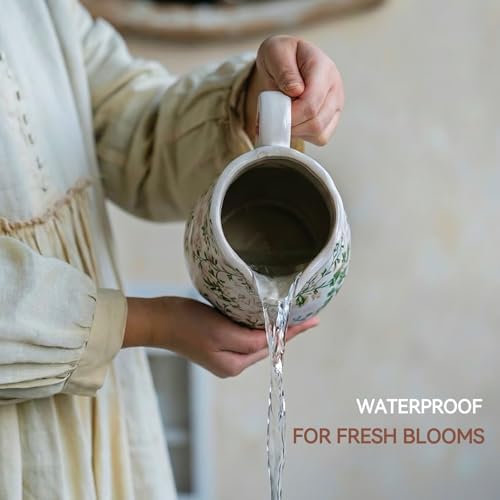 Ceramic Green and White Floral Vase with Handle, Rustic Farmhouse Pitcher Flower Vase, Chinoiserie Floral Vase for Home Decor, Living Room, Shelf, Office, Rustic Table Centerpiece 8 Inch - Image 6