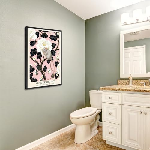 Enchanting Pink Oriental Home Decor - Chinese Lunar Year of the Rat Art Print White Peony & Daisy Pattern Zodiac Wall Art for Bathroom Bedroom Living Room and More 20X30 in Black Framed - Image 5