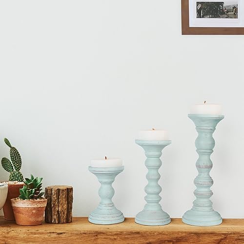 Mela Artisans Willow Mango Wood Candle Holders - Opal Blue, Set of 3 - Image 6