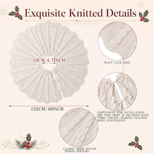 Thenshop 48 Inch Chunky Cable Knit Christmas Tree Skirt, Beige - Image 2