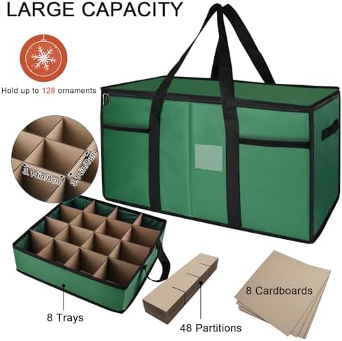 Christmas Ornament Storage Box with Dividers, Holds 128 Balls, Green - Image 4