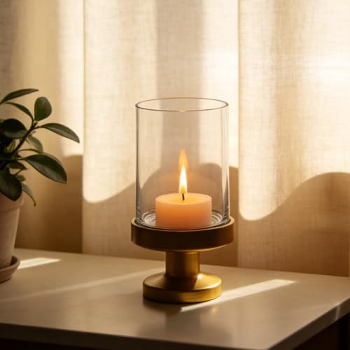 6" Wide Glass Hurricane Candle Holders and Glass Vase with Metal Base in Antique Brass, Handmade and Sturdy Glass, Pillars, Flower Arrangement, Centerpiece, Dining Table, Console Table, Mantel - Image 3