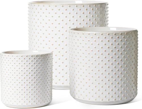 LE TAUCI 10+8+6 Inch Ceramic Pots for Plants, Indoor Planters with Drainage Hole and Plug, Raised Dots Cylinder Flower Pots Set of 3 for Living Room and Bedroom, Glossy, Arctic White by LETAUCI