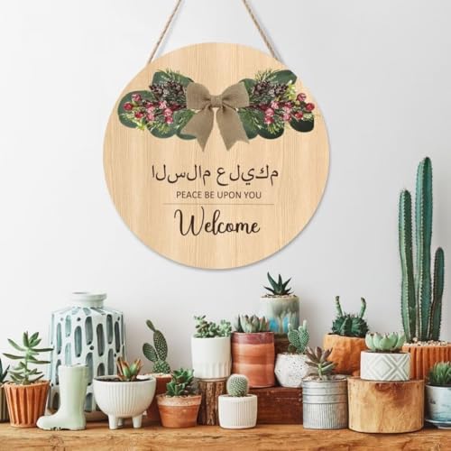 Welcome Hanging Sign Islamic Wall Art,Round Wooden Arabic Calligraphy Wall Decor,As-Salamu Alaykum -Peace Be Upon You,Islamic Floral Design For Wall Decoration,Door Hangings,Office Design - Image 6