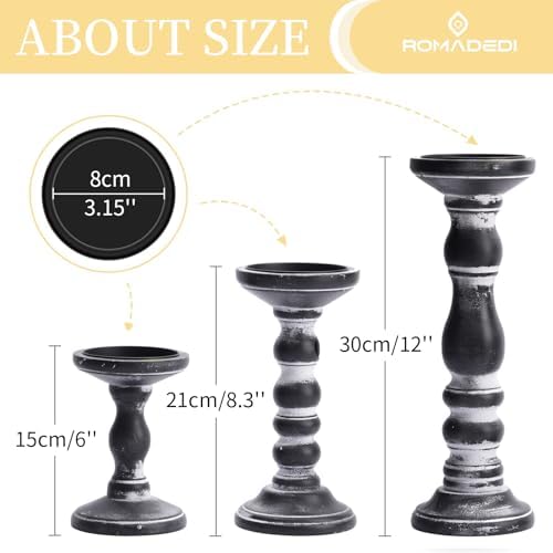 Romadedi Black and Gray Distressed Wood Pillar Candle Holders, Set of 3 - Image 5