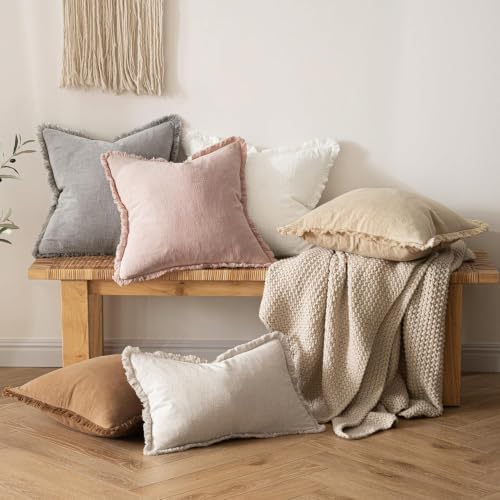 MIULEE Linen Fringe Decorative Euro Throw Pillow Covers Light Pink 22x22 - Image 7