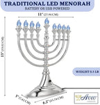 Traditional LED Menorah 13" Metallic Silver Battery or USB Powered Menorah Chanukiah with 4' USB Cable Electronic Chanukah Minorah Flameless Hanukkah Candles Bulbs Lighted Hanukah Decor - Image 3