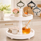 2 Tiered Tray Stand [Includes 3 Changeable Handles] - Rustic Cupcake Stand, Coffee Table Tiered Serving Tray for Kitchen Counter, Stunning Rustic Home Decor, Display Fruits, Plants, Candles (White) by FeltCreativeHomeGoods