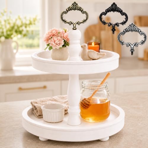 2 Tiered Tray Stand [Includes 3 Changeable Handles] - Rustic Cupcake Stand, Coffee Table Tiered Serving Tray for Kitchen Counter, Stunning Rustic Home Decor, Display Fruits, Plants, Candles (White) by FeltCreativeHomeGoods