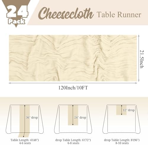 24 Pack Ivory Table Runner 10Ft Cheesecloth Table Runner Rustic Gauze Table Runners Romantic Long Cream Sheer Fabric Cheese Cloth Table Runners for Wedding Party Bridal Baby Shower - Image 2