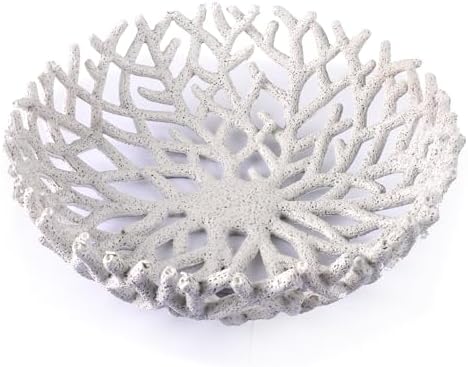 10-Inch White Resin Coral Bowl, Handcrafted Hollow Carved Coastal Art Decor by FriyGardcn