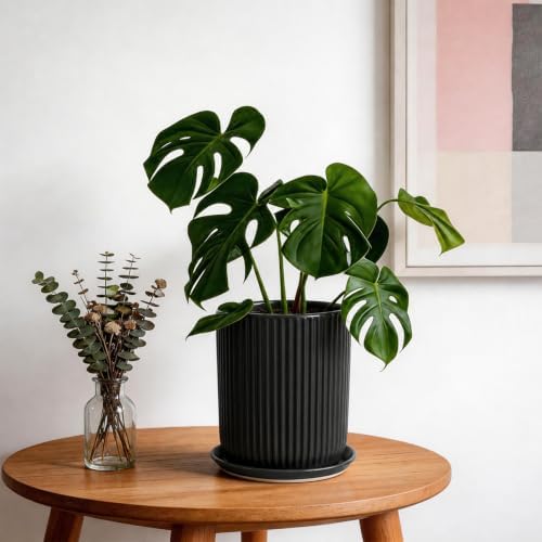 Deep Dream 8 Inch Ceramic Pots for Plants, Heavy Plant Pot for Indoor Outdoor Plants, Large Plant Pot with Drainage Hole and Saucer, Modern Tall Flower Pot, Gifts for Plant Lovers, Black - Image 4