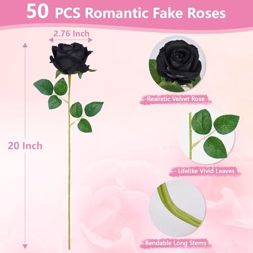 50Pcs Black Roses Artificial Flowers, Real Touch Velvet Fake Roses Bouquet - Image 5