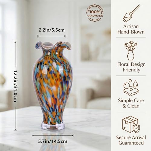 12in Tall Hand Blown Glass Vase Unique Ruffle Wide Mouth Vases, Elegant Modern Glass Flower Decorations Vase, Beautiful Colorful Vases for Home Living Room Bookshelves Wedding High End Centerpieces - Image 2