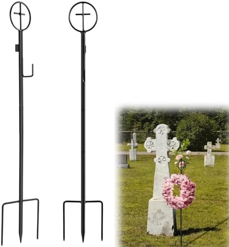 2 Pcs Black Wreath Stake,36" Cemetery Wreath Stand with Cross,Adjust Height by Wenfan