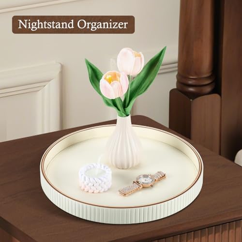 GORESE 12" Round Decorative Serving Tray for Coffee Table, PU Leather Compact Table Tray for Home Decor, Nightstand Valet Tray for Jewelry, Perfume & Keys, Cream White - Image 6