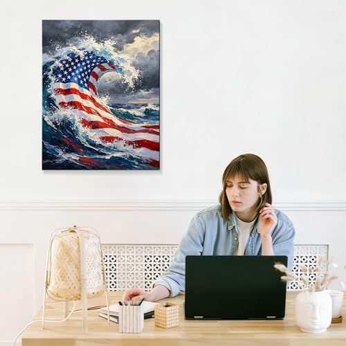 July 4th Patriotic Canvas Wall Art 4th of July USA Decorations American Flag Ocean Waves Abstract Picture Wall Decor Independence Day Home Decor 16x24in - Image 7