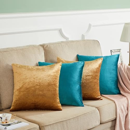 GIGIZAZA Pack of 4 Decorative Velvet Pillow Covers 20x20 Teal Gold - Image 2