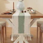 Niviy Sage Green Table Runner 120 Inches Long with Tassels, Seasonal Spring Summer Washable Embroidered Striped Braided Green and Beige Boho Table Runners for Holiday Party 12 x 120 Inches - Image 3